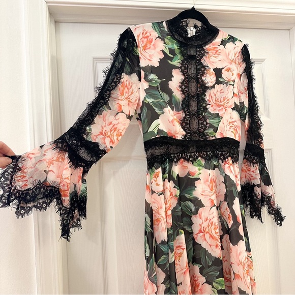 Floral Lace asymmetrical trim Silk Dress sz Small Pink Black - Picture 6 of 12